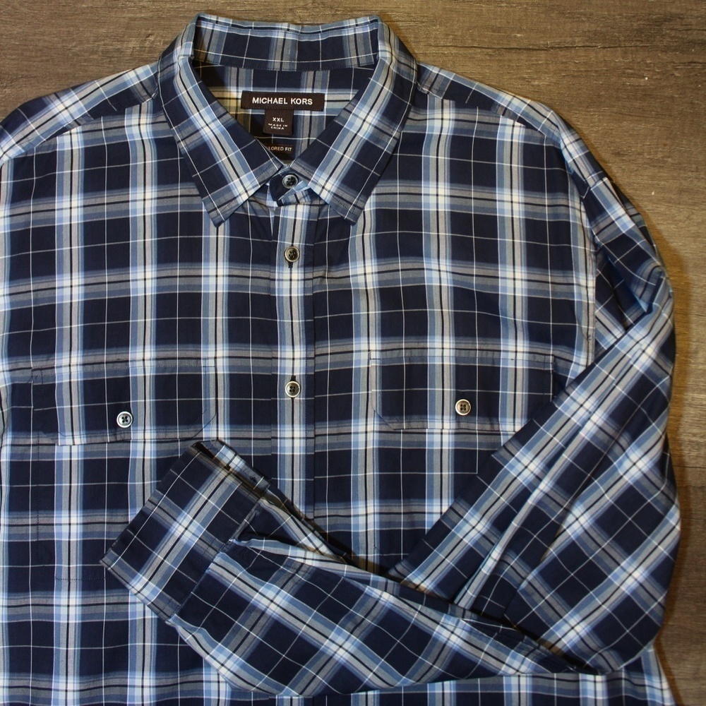 Michael Kors XXL Blue Plaid Button Down Shirt Men's Long Sleeve‎